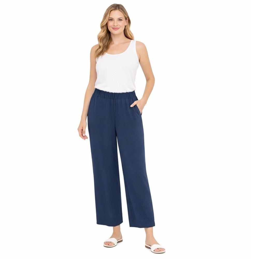 H&M Navy Blue Cropped Wide Leg Pants‎ Elastic Waist 12 Resortwear Vacation 70-17